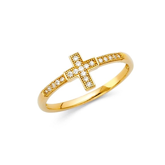New 14K Yellow Gold CZ Cross Ring Band